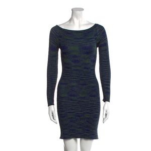 Missoni Long Sleeve Blue and Green Space Ribbed Sheath Sweater Dress Bateau Neck
